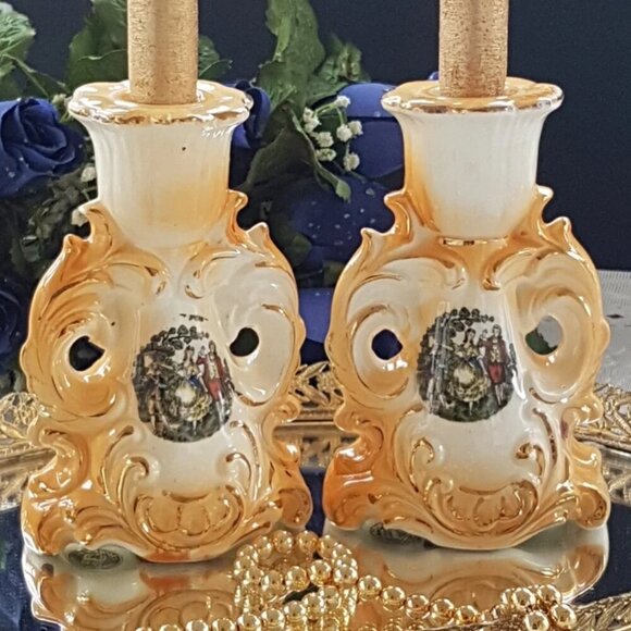 Porcelain Candlesticks, Taper Candle Holder Set, Mid Century Decor, 1950s - Picture 1 of 8